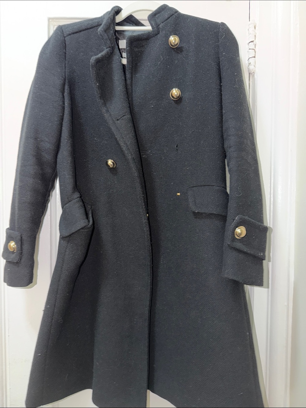 Black Wool Military-Style Coat with Gold Buttons